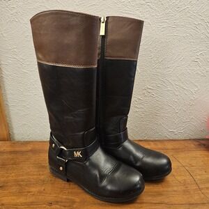 Michael Kors Tall Riding Boots Black Brown Leather Gold Logo Girls Size 1